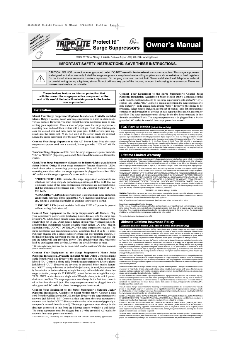 Page 1 de la notice Manuel utilisateur Tripp Lite Protect It! TLM626TEL15