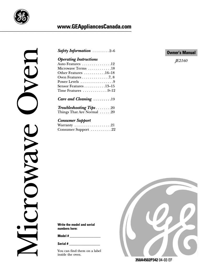 Image de la première page du manuel de l'appareil JE2160BFC