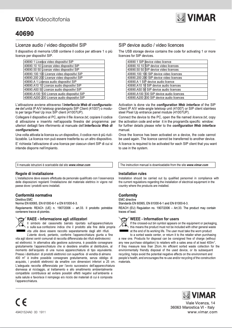 Page n°1 - Manuel utilisateur Vimar ELVOX 40690.A10