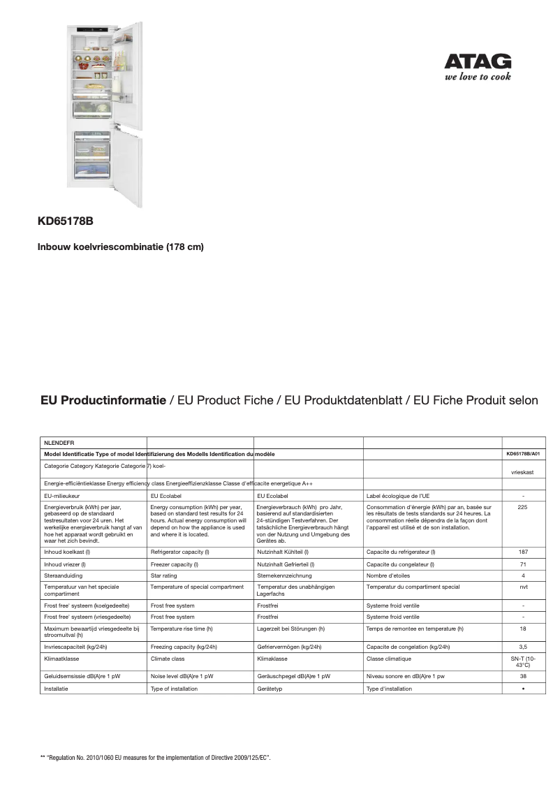 Page 1 de la notice Fiche technique Atag KD65178B