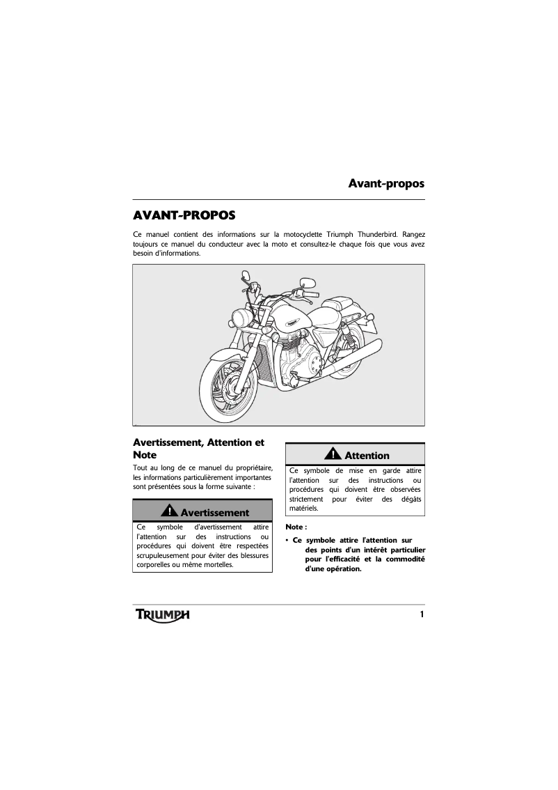 Page 1 de la notice Manuel utilisateur Triumph Thunderbird SE (2010)