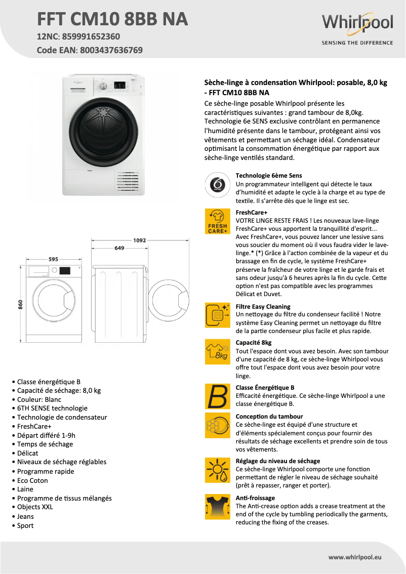 Página 1 del manual Ficha técnica Whirlpool FFT CM10 8BB NA