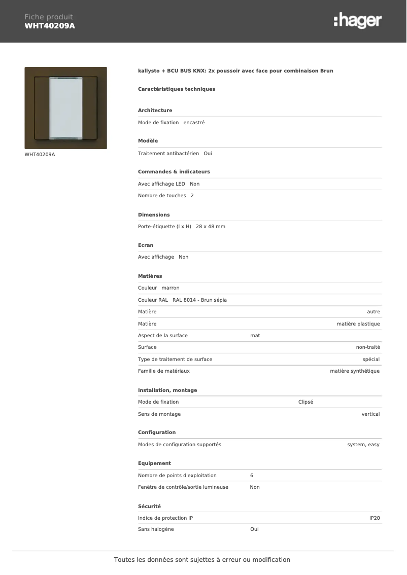 Page 1 de la notice Fiche technique Hager WHT40209A