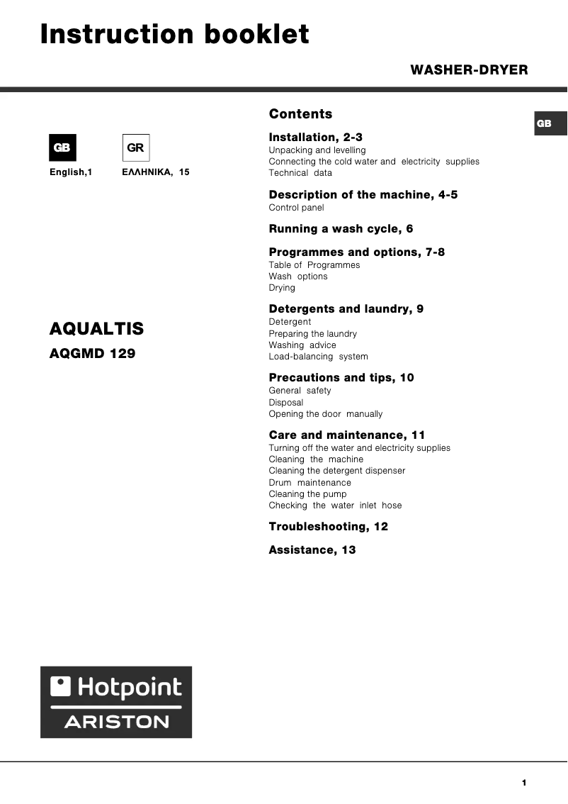 Page 1 de la notice Manuel utilisateur Hotpoint Ariston Aqualtis AQGMD 129