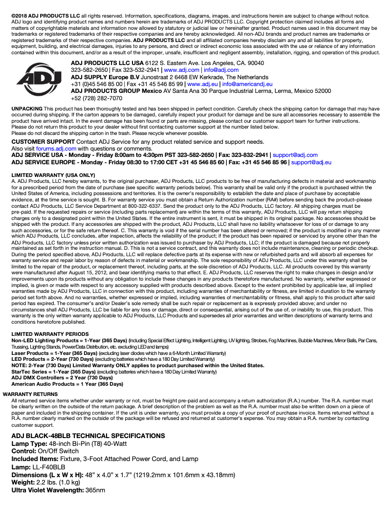 Page 1 de la notice Manuel utilisateur Adj Black-48BLB