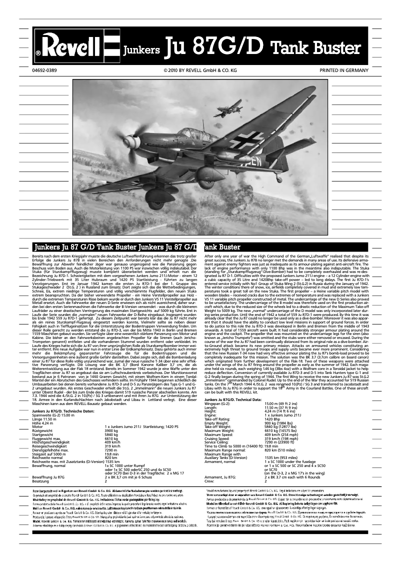 Image de la première page du manuel de l'appareil Junkers Ju 87 G/D Tank Buster
