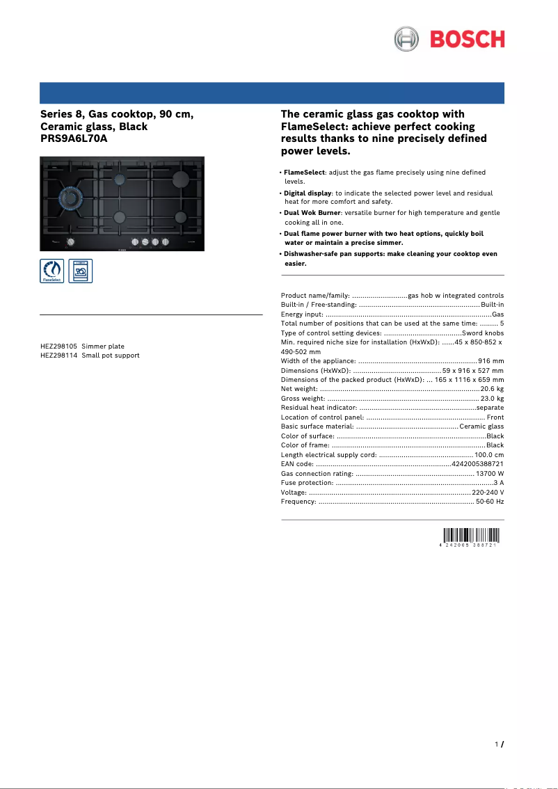 Page 1 de la notice Fiche technique Bosch PRS9A6L70A