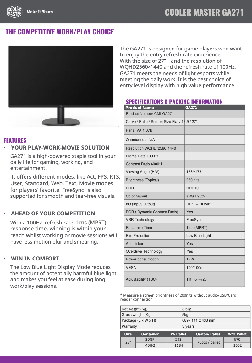 Page 1 de la notice Fiche technique Cooler Master GA271