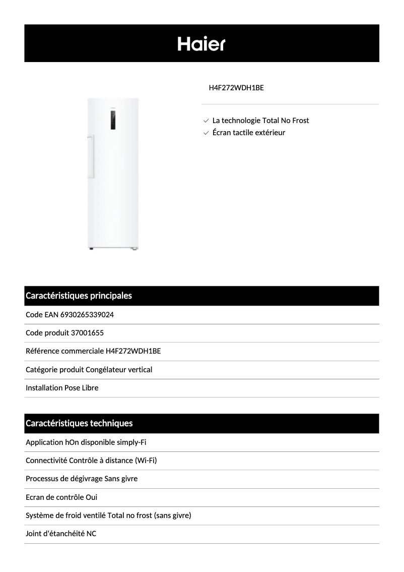 Página 1 del manual Ficha técnica Haier H4F272WDH1BE