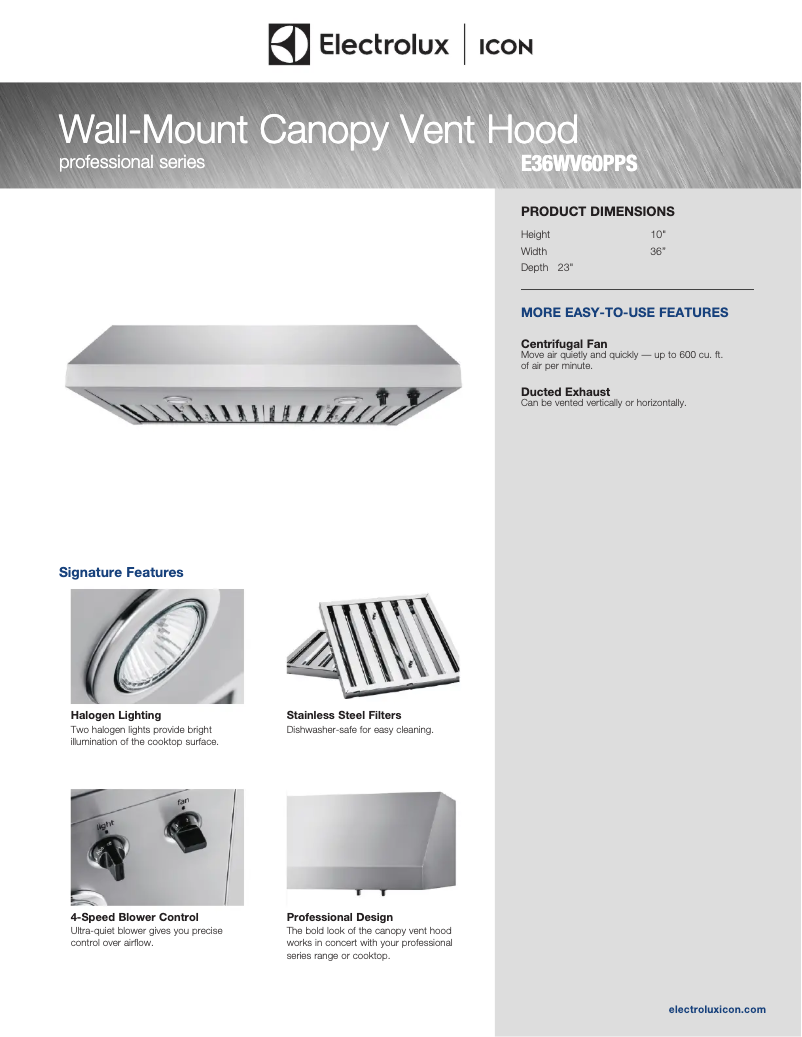 Page 1 de la notice Fiche technique Electrolux E36WV60PPS