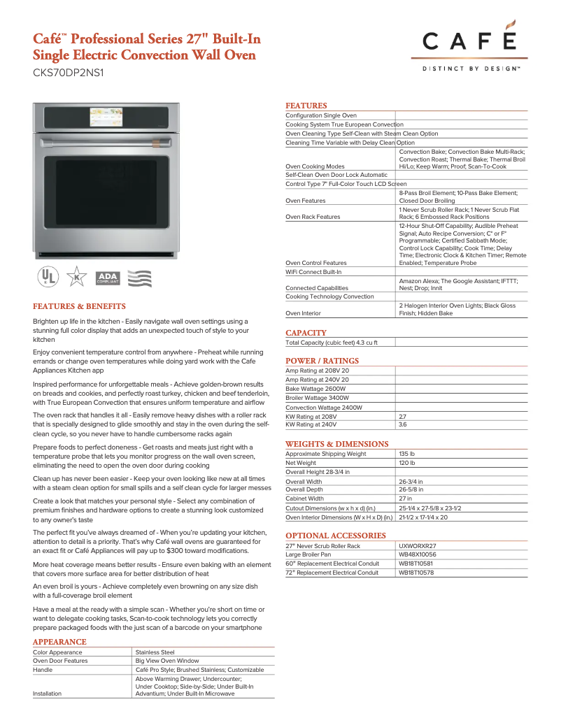 Page 1 of the manual Technical Sheet GE Café CKS70DP2NS1