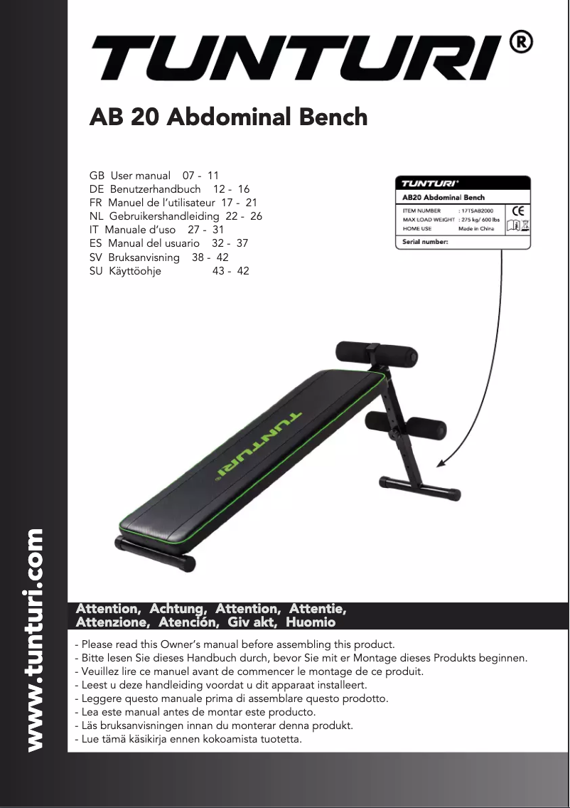 Page n°1 - Manuel utilisateur Tunturi AB20 Abdominal Bench