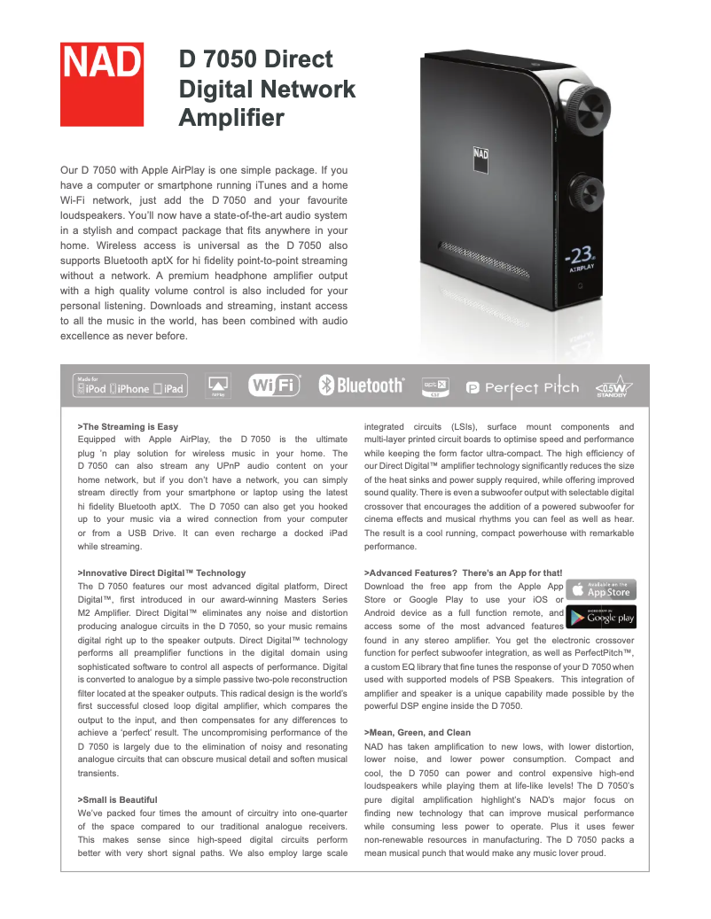 Page 1 de la notice Fiche technique NAD D 7050