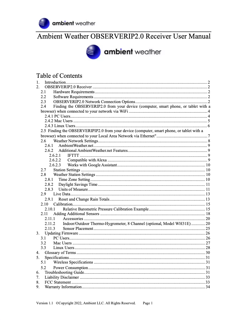 Page n°1 - Manuel utilisateur Ambient Weather OBSERVERIP2.0