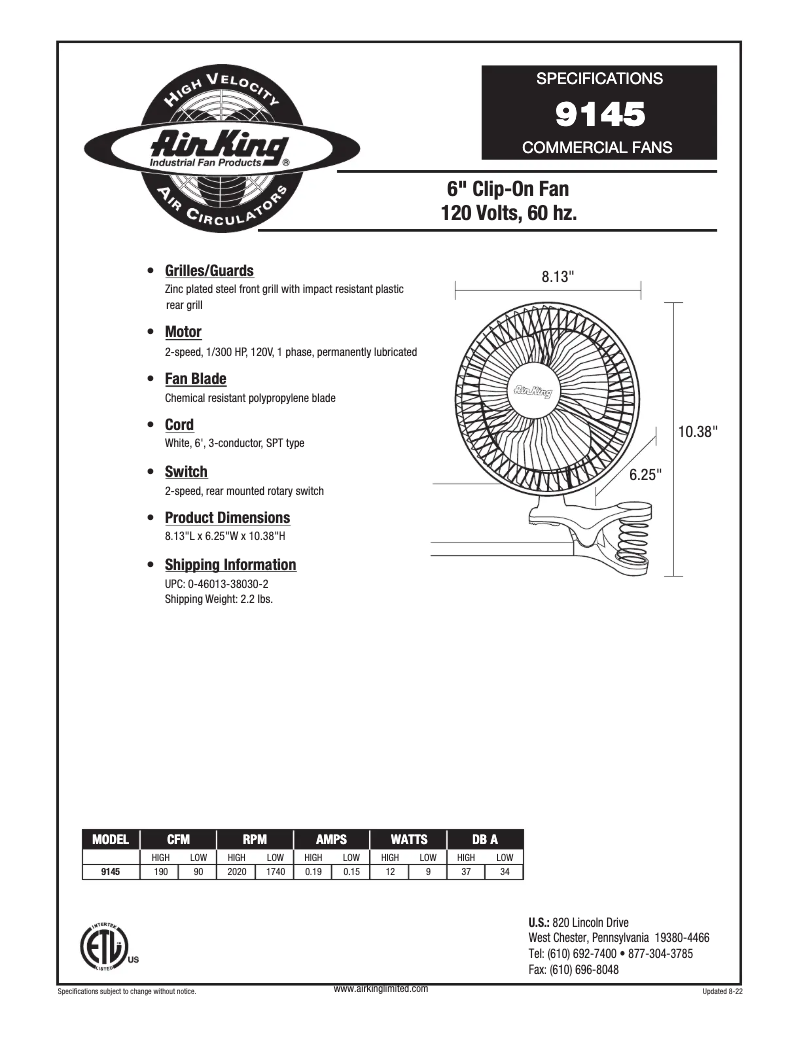 Page 1 de la notice Fiche technique Air King 9145