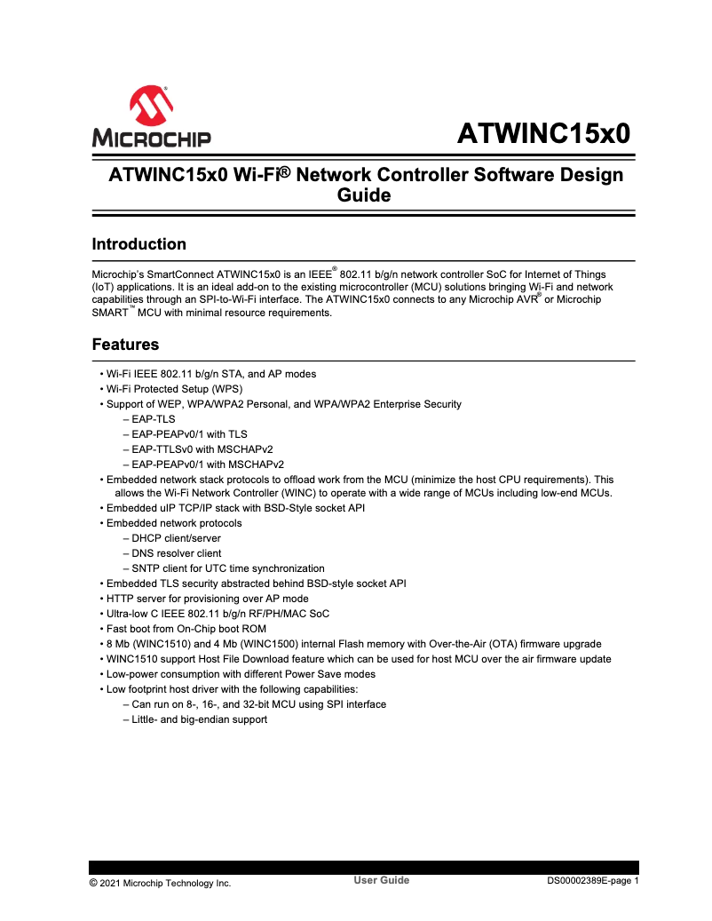 Página 1 del manual Ficha técnica Microchip ATWINC1510-IC