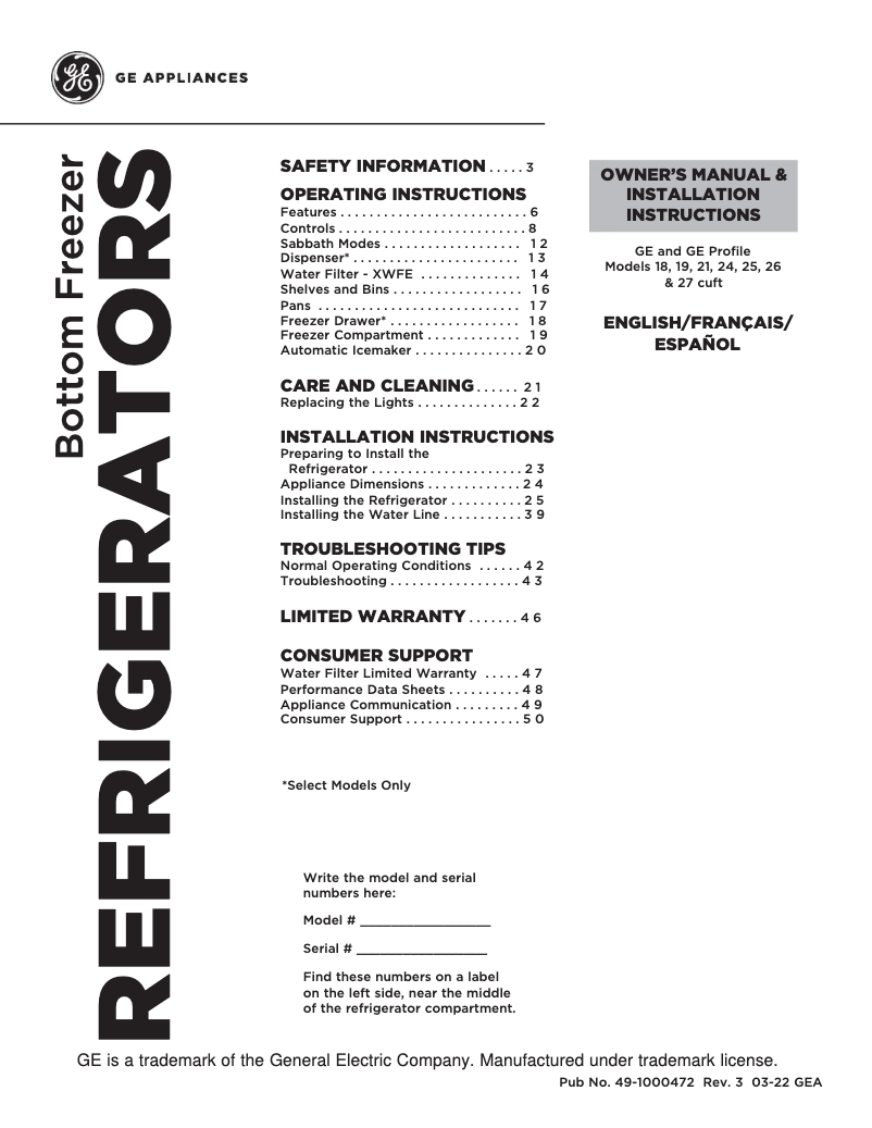 Page 1 de la notice Fiche technique GE GWE19JYLFS