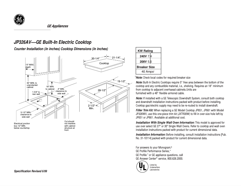 Page n°1 - Fiche technique GE JP326AVAA