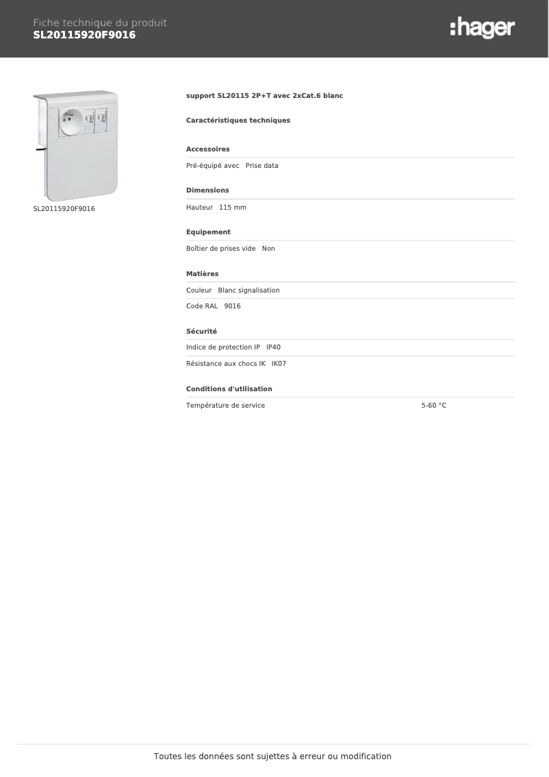Page 1 de la notice Fiche technique Hager SL20115920F9016