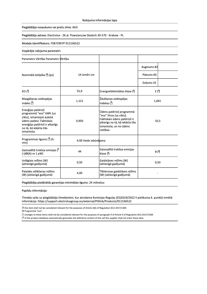 Page 1 de la notice Fiche technique AEG FSB72907P