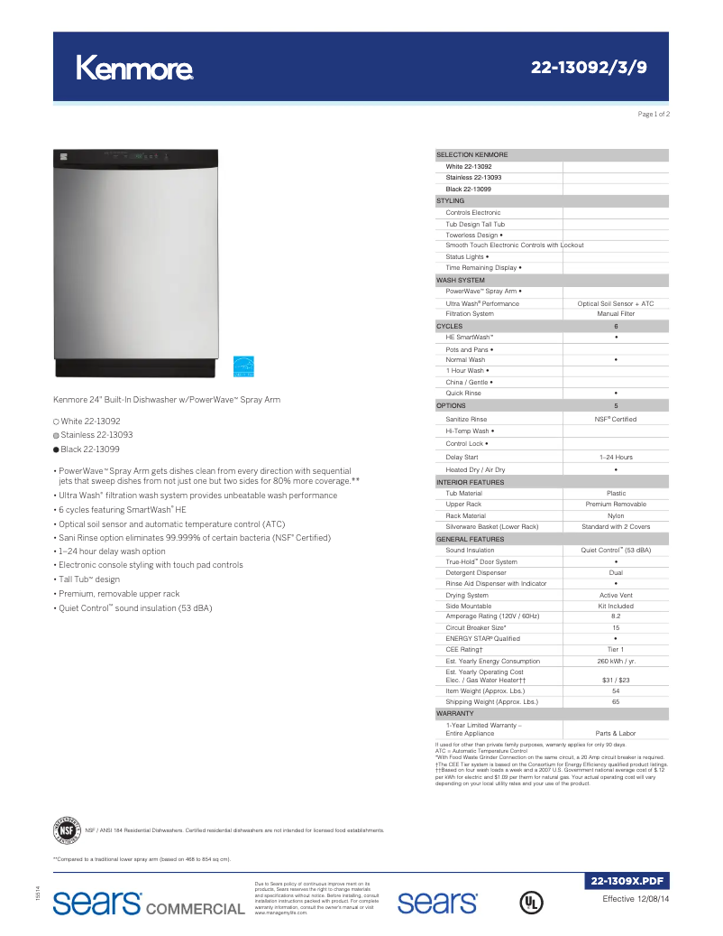 Page 1 de la notice Fiche technique Kenmore 13092