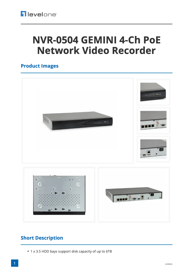 Page n°1 - Fiche technique LevelOne NVR-0504