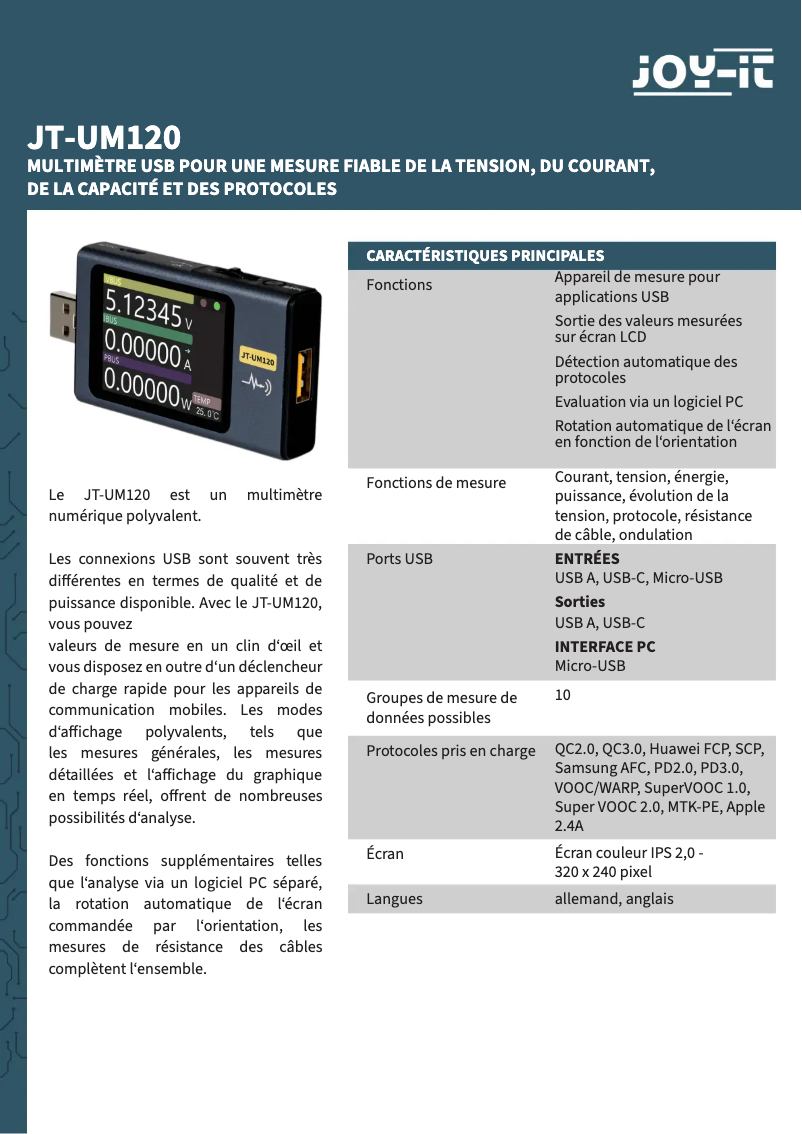 Page n°1 - Manuel utilisateur Joy-It JT-UM120