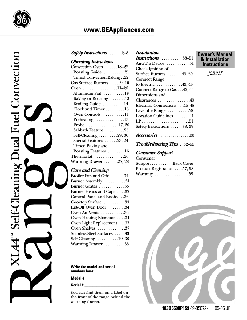 Page n°1 - Guide d'installation GE Profile J2B915SEHSS