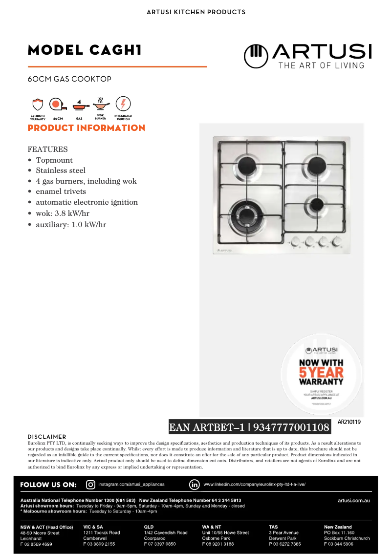 Page 1 de la notice Fiche technique Artusi CAGH1