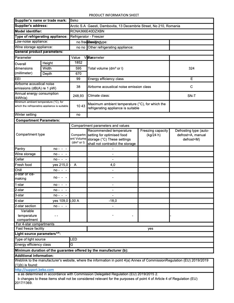 Page 1 de la notice Fiche technique Beko RCNA366E40DZXBN