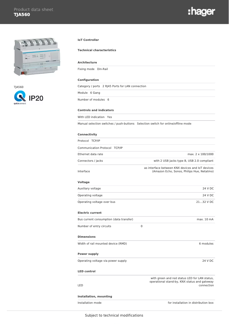Page n°1 - Fiche technique Hager TJA560