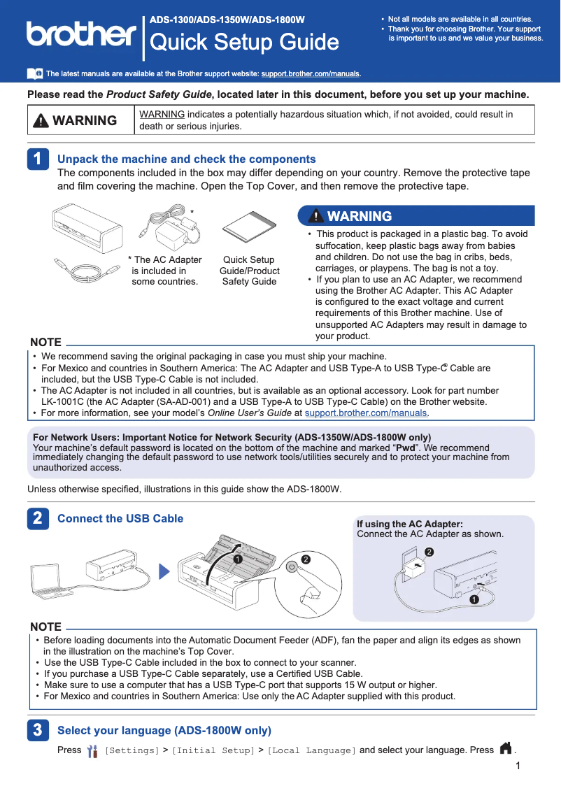 Page 1 de la notice Manuel utilisateur Brother ADS-1350W