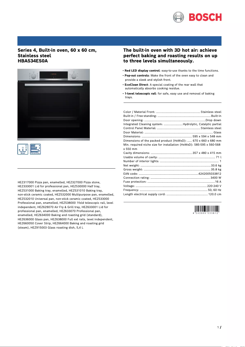 Page 1 de la notice Fiche technique Bosch HBA534ES0A