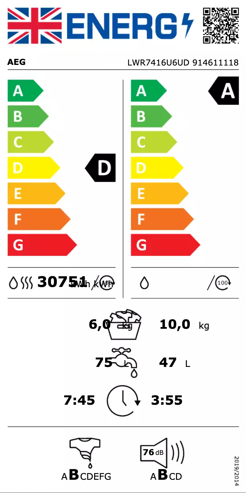 Página 1 del manual Etiqueta energética AEG LWR7416U6UD