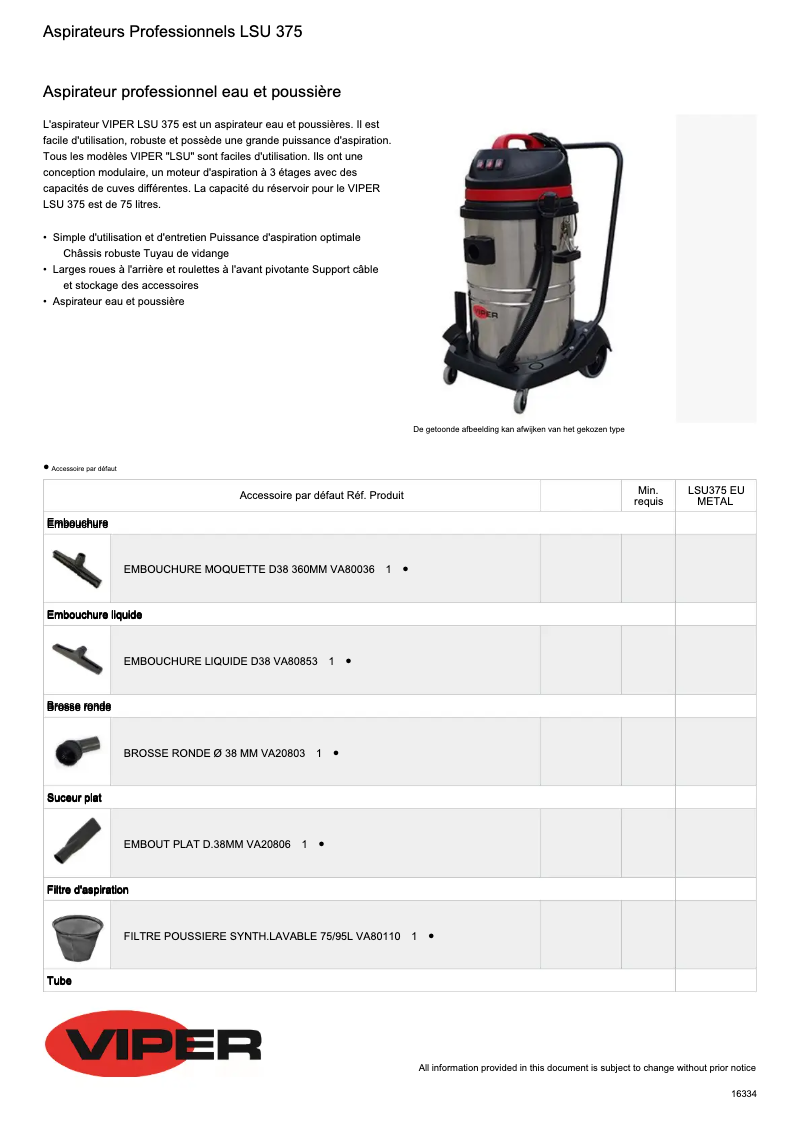 Page 1 de la notice Fiche technique Nilfisk LSU375