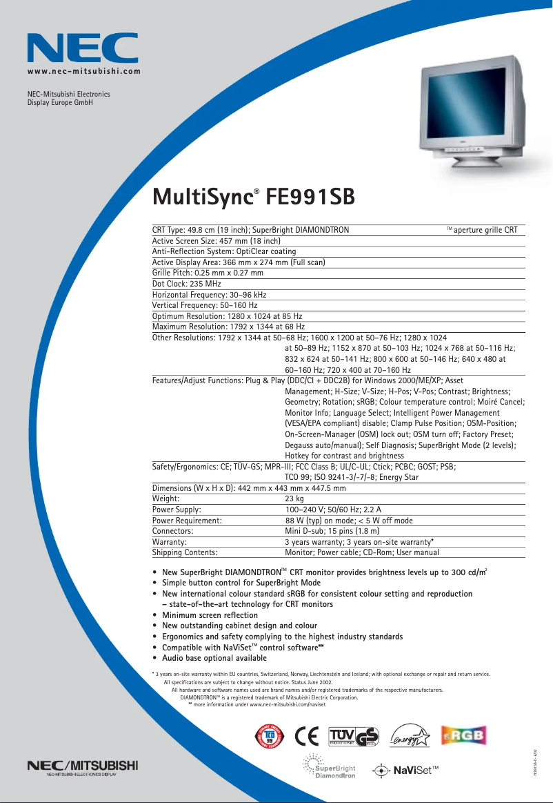 Page n°1 - Fiche technique NEC MultiSync FE991SB