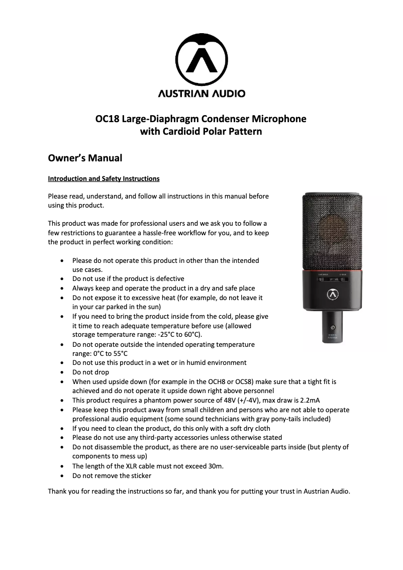 Page 1 de la notice Manuel utilisateur Austrian Audio OC18