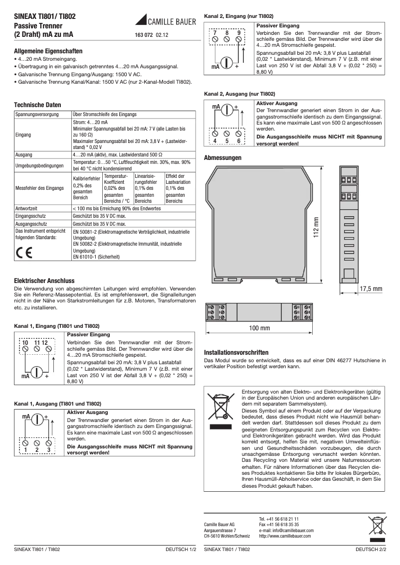 Page 1 de la notice Manuel utilisateur Camille Bauer Sineax TI802