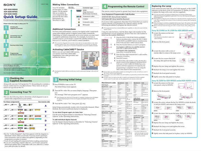 Page 1 de la notice Guide d'installation Sony KDF-60WF655