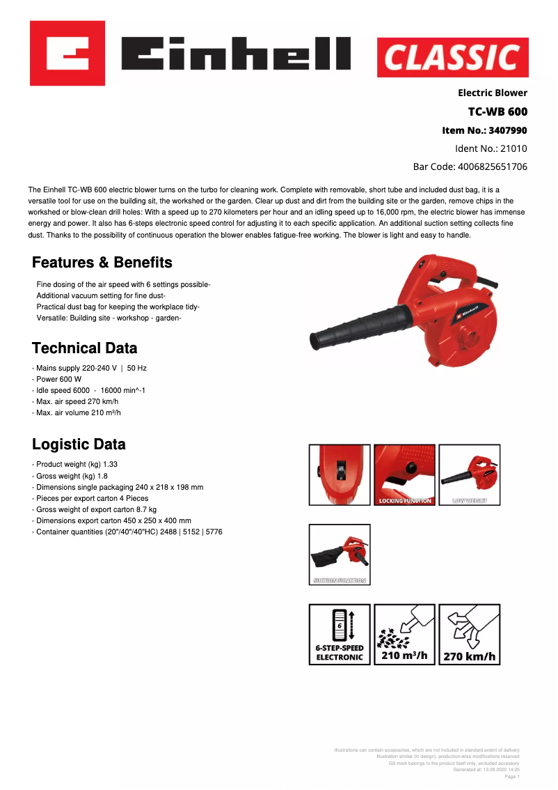 Page n°1 - Fiche technique Einhell TC-WB 600