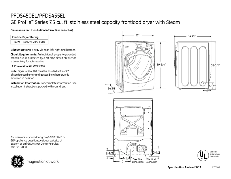 Page n°1 - Fiche technique GE Profile PFDS450ELWW