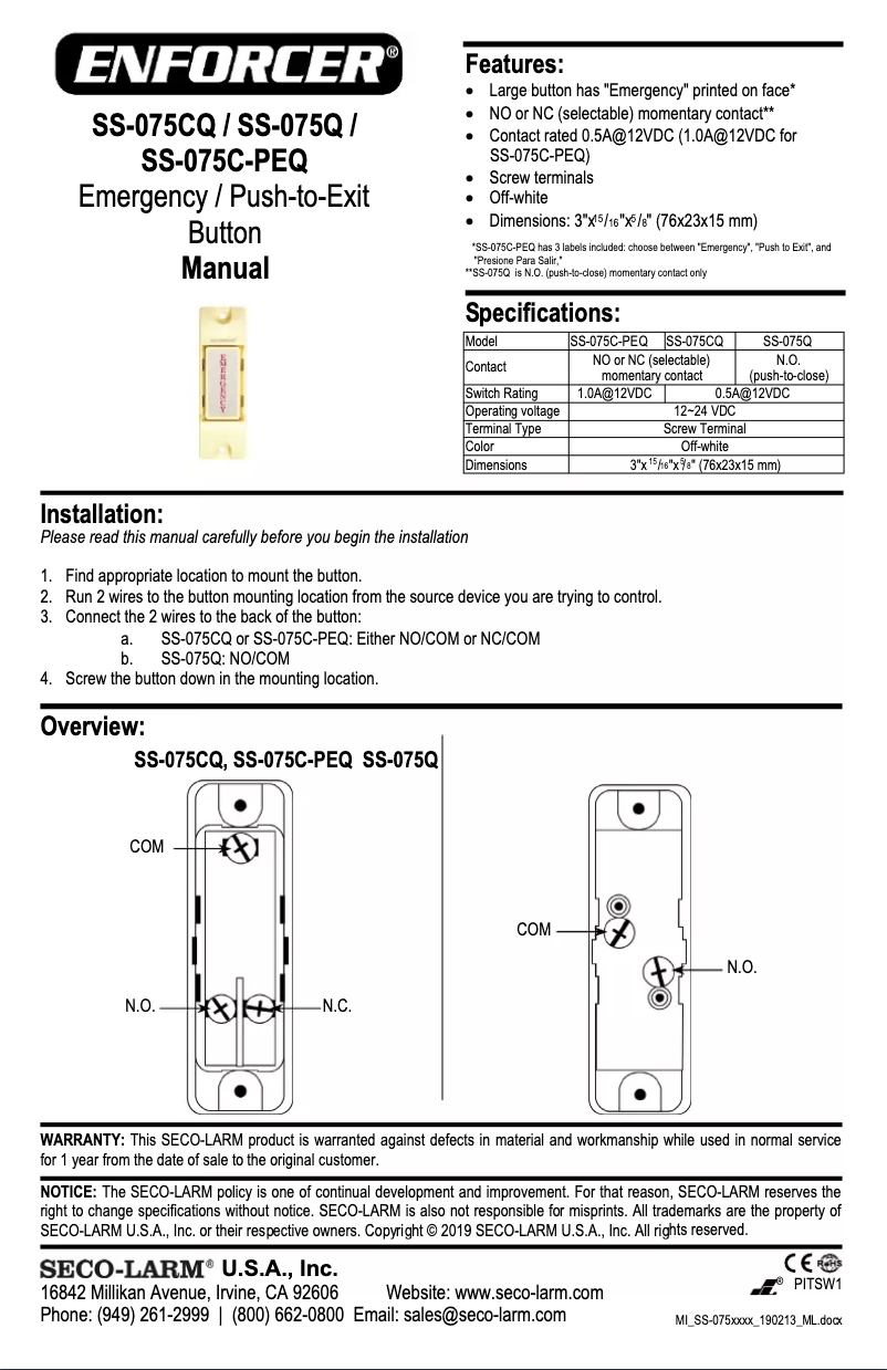 Page n°1 - Manuel utilisateur Seco-Larm SS-075CQ