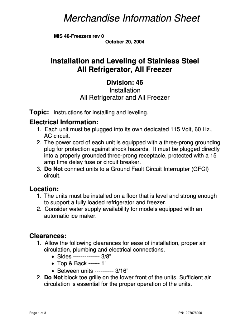 Page n°1 - Guide d'installation Frigidaire PLFU1777DS