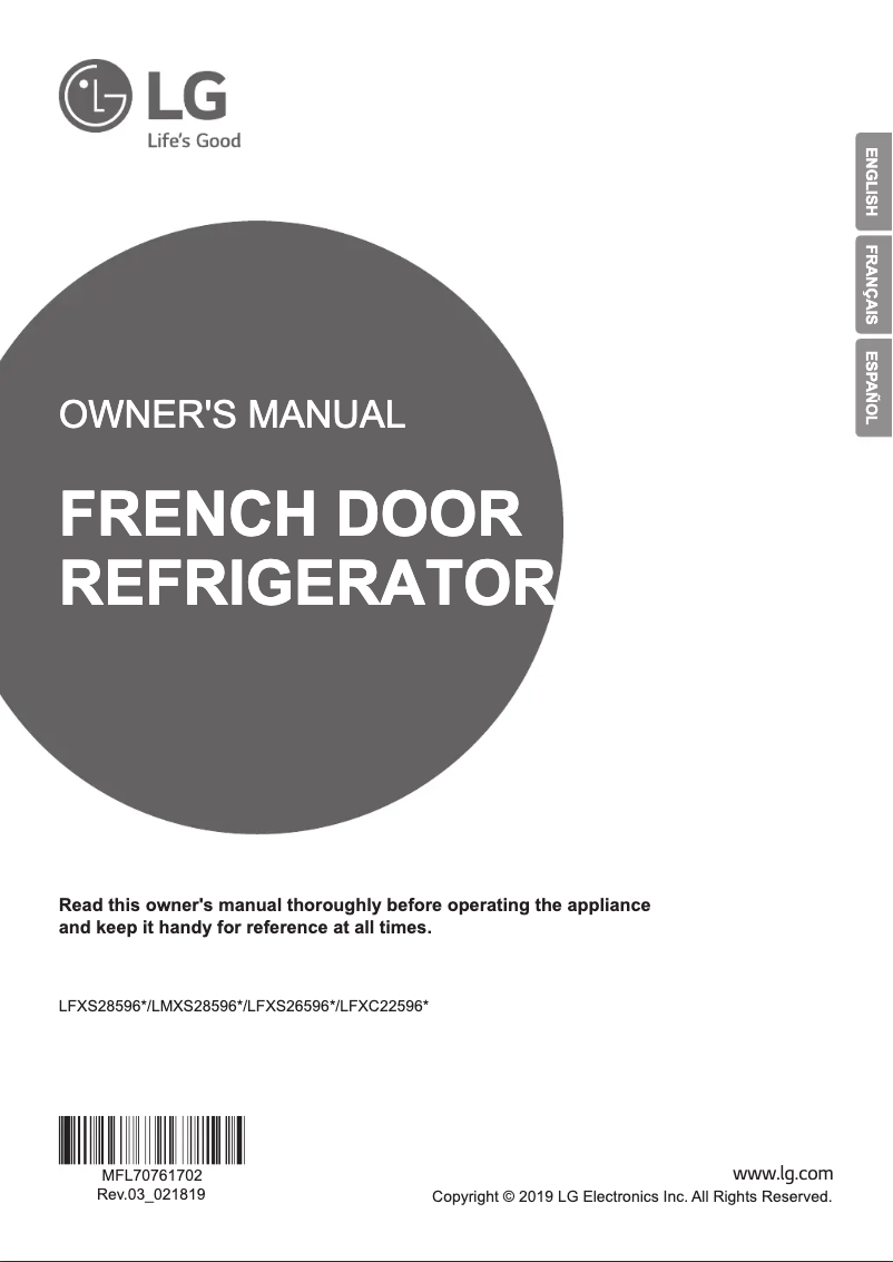 Page 1 de la notice Manuel utilisateur LG LMXS28596S