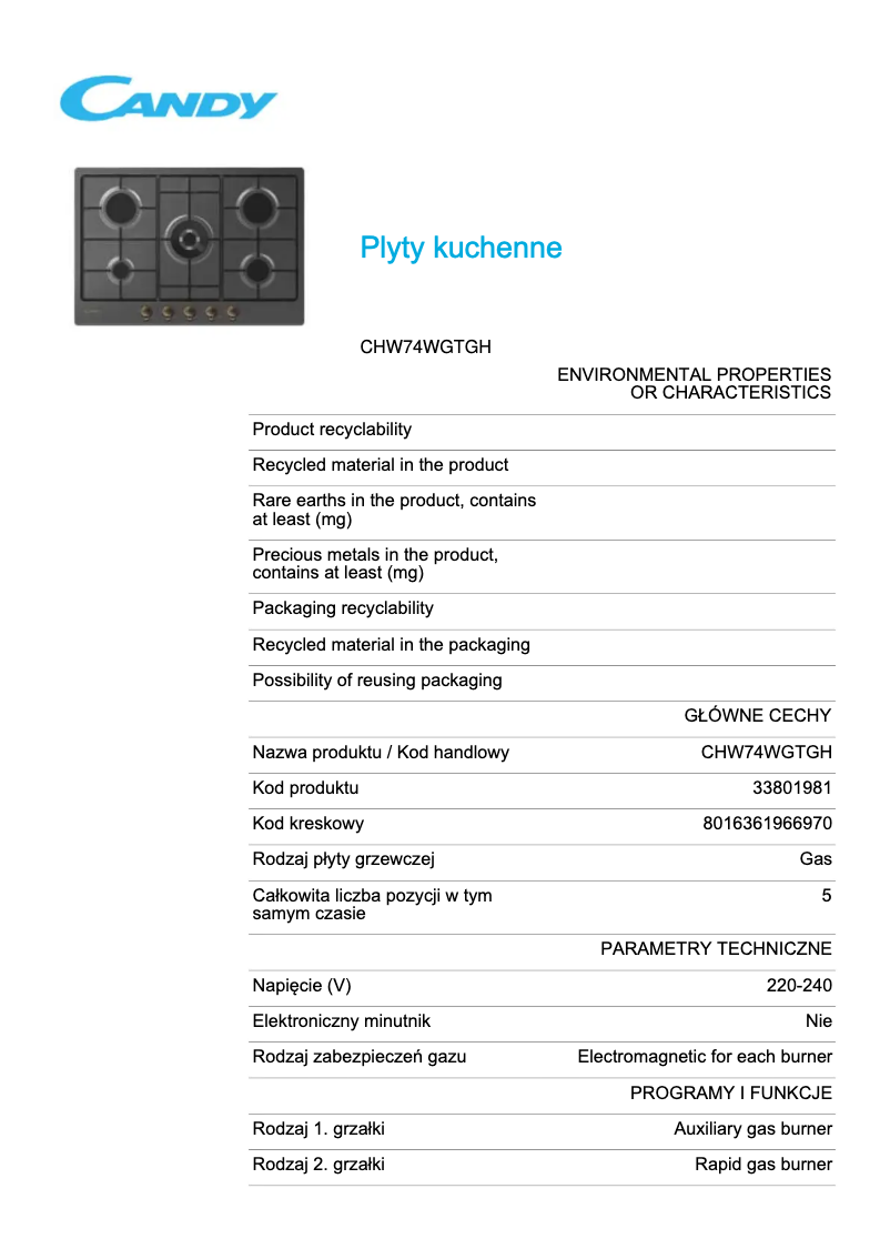 Page 1 de la notice Fiche technique Candy CHW74WGTGH
