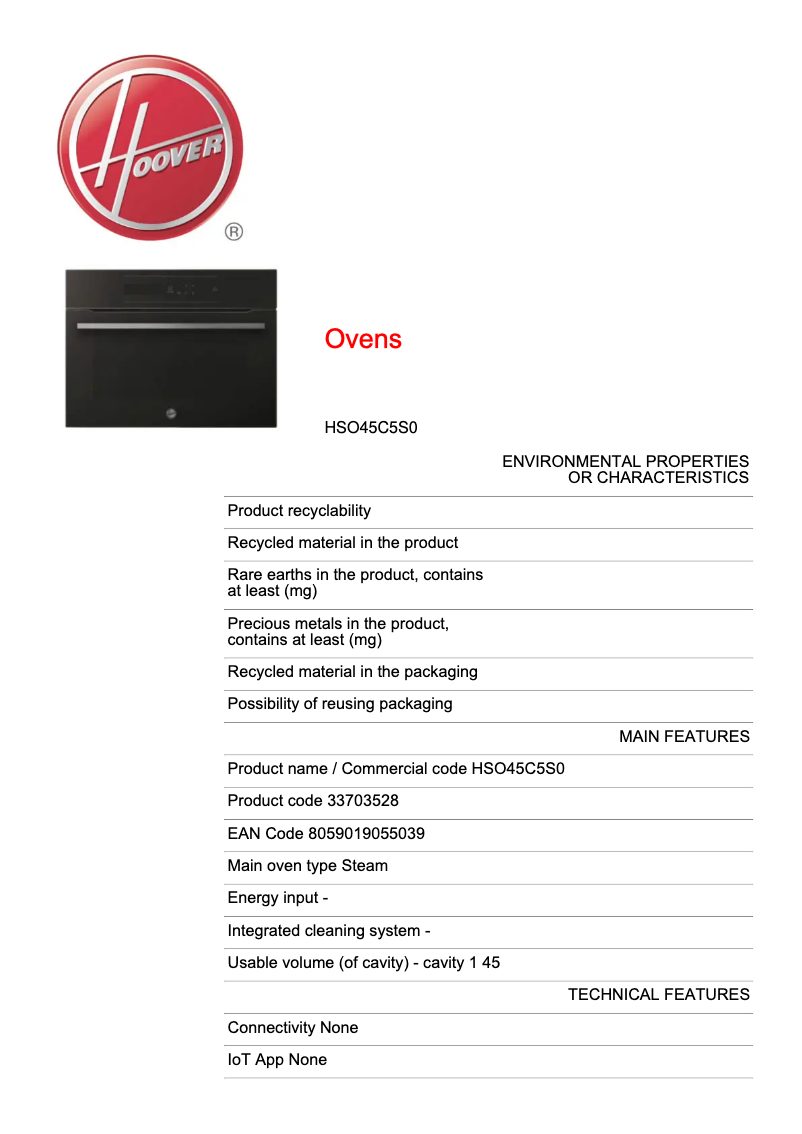 Page 1 de la notice Fiche technique Hoover HSO45C5S0