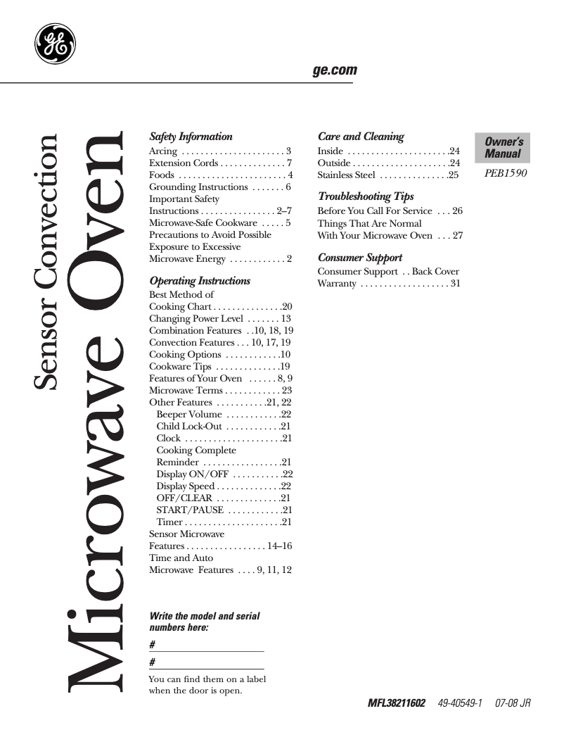 Página 1 del manual Manual de usuario GE PEB1590SM