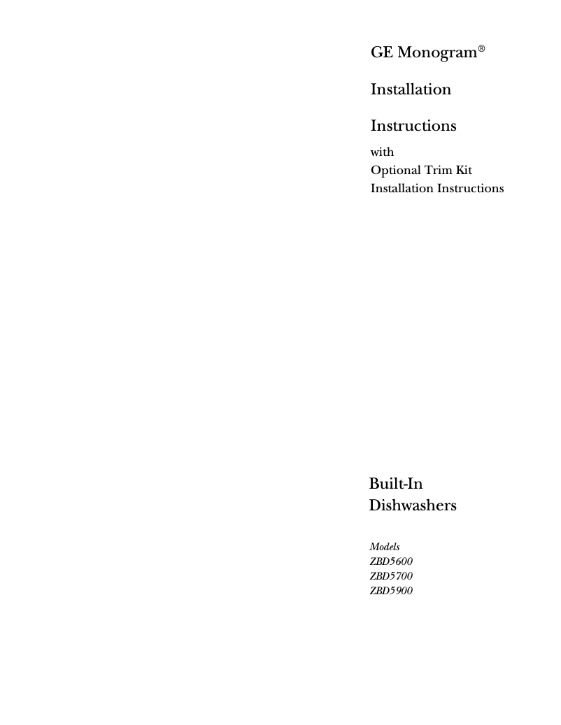 Page n°1 - Guide d'installation GE ZBD5900DSS