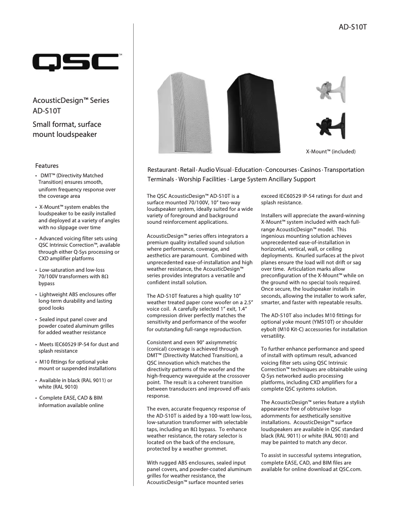 Page 1 de la notice Fiche technique QSC AD-S10T