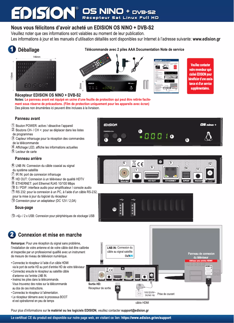 Page 1 de la notice Manuel utilisateur Edision OS NINO+ DVB-S2